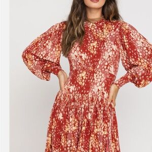 Free People Red Mini Dress with Long Bishop Sleeves and Mock Neck